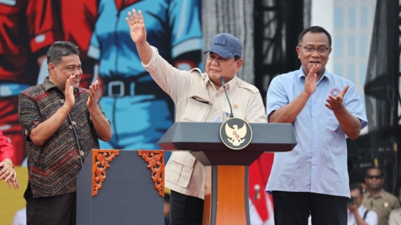 Presiden RI Prabowo Subianto saat menyampaikan Pidatonya di Moment Hari Buruh Nasional tahun 2025, di Jakarta Pusat.